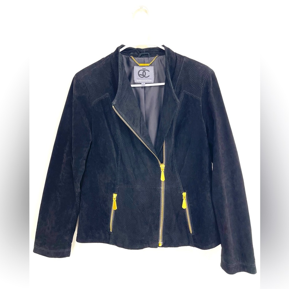 Queen Collection Women’s Genuine Leather Jacket Black Gold Zip Pockets Size S